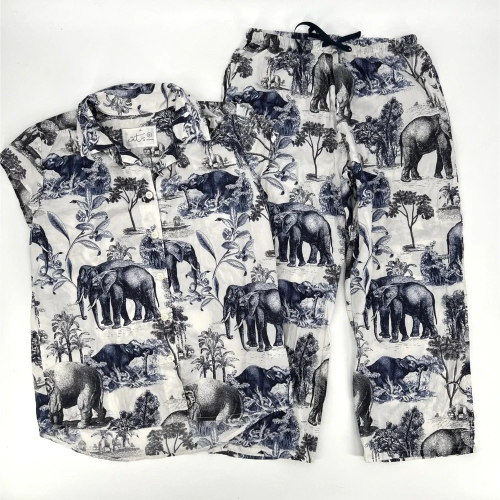 The Cat's Pajamas Safari Toile Luxe Pima Cotton Capri Pajama Set Size S Elephant - Picture 2 of 13